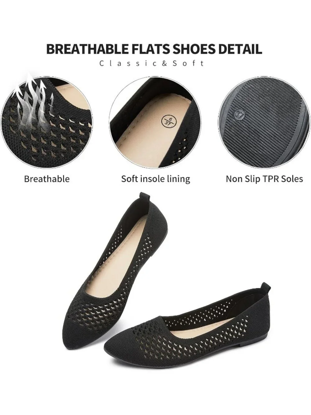 Women's Black Comfortable  Knit Pointed Toe Slip On Business Casual Ballet Flats